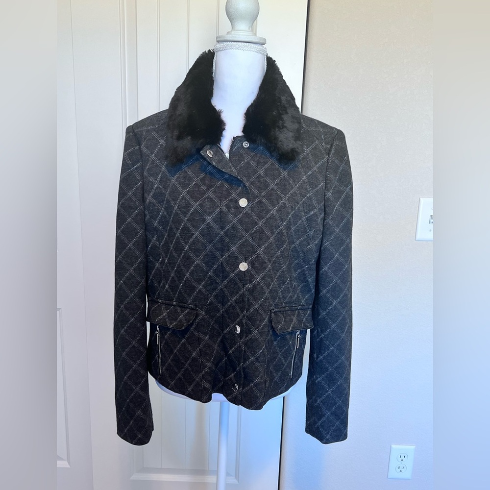 Anne Klein black silver diamond pattern removable faux fur motorcycle knit jcket